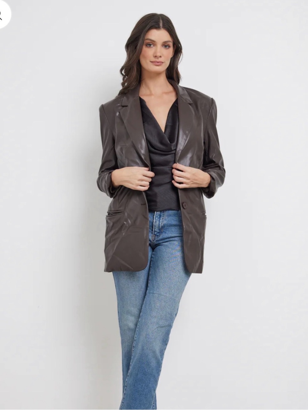 Womens Dark Brown Faux Leather Blazer Jacket